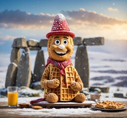 Snowman with a cup of coffee and cookies on a wooden background