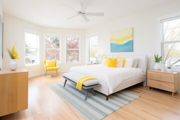 Fototapeta na wymiar bright bedroom, big windows, and white linens