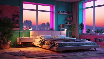 bedroom interior with retro lightning style, sunset view in city from the window