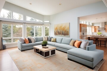 spacious living room with sectional sofa and large windows