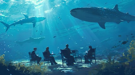 Underwater Conference Illustration: Marine Creatures and Humans in Deep Sea Discussion Amidst Coral Reefs and Sunrays