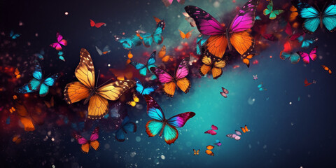 Butterfly flying over vibrant natures colorful patterns, Winged Symphony: Butterfly Soaring Amid Vibrant Natural Patterns