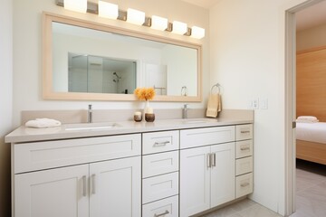 white wood vanity in a bathroom
