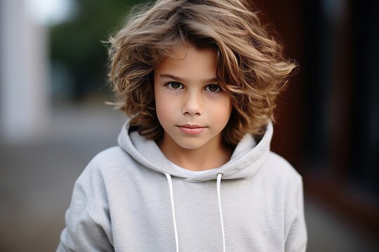 Portrait of a beautiful little boy with blond curly hair in a white sweatshirt.