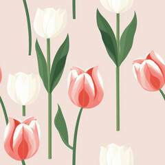 Obraz premium Tulip Seamless Pattern: Pink Blooms in Nature's Bouquet, a Beautiful Floral Decoration for wallpaper, background, printed paper, textile, cover, book, interior design.