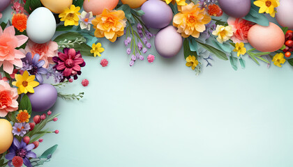 Naklejka na ściany i meble Happy Easter day decoration with colorful eggs, flowers and copy space on soft green or blue background. Spring card with painted eggs on light paper surface. Generative AI.