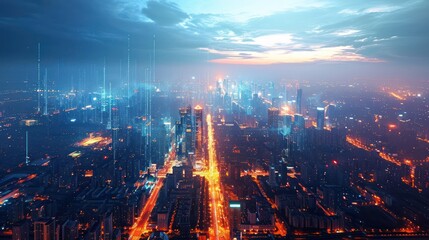 a sprawling city, its streets transformed into glowing data streams, pulsating with the rhythm of its digital heartbeat