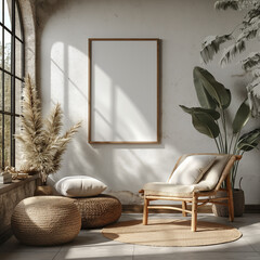 Blank wall frame mockup in Boho minimal living room