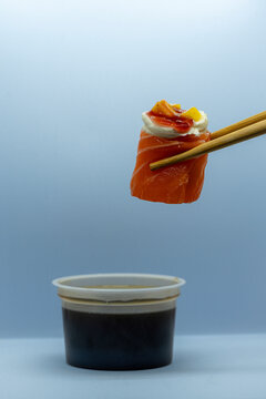 Fresh sushi with cheese and mango with strawberry jam