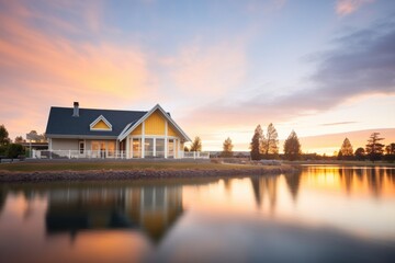 sunset casting golden glow on a serene lakeside home