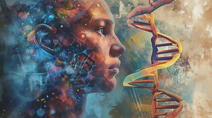 Artistic Representation of Parallel Genetic Memory with Colorful Human Profile and DNA Strands Illustration - obrazy, fototapety, plakaty