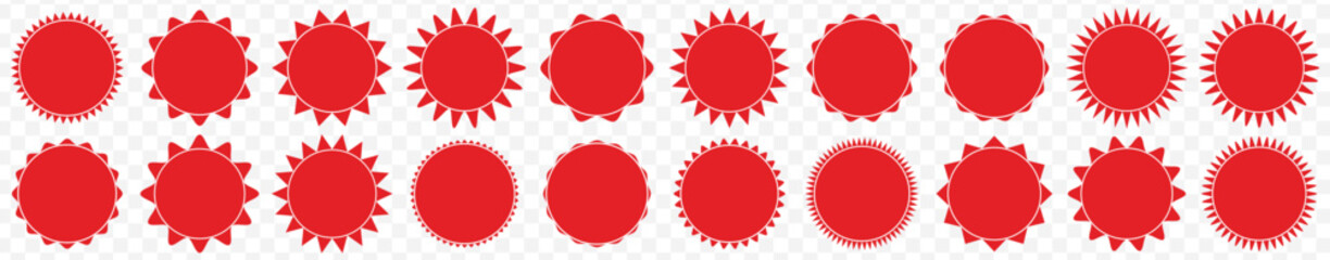 Red shopping labels collection. Sale or discount sticker. Special offer price tag. Supermarket promotional badge. Vector sunburst icon.
