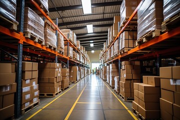 a huge warehouse of a transport company with high racks, parcel loaders work in the warehouse