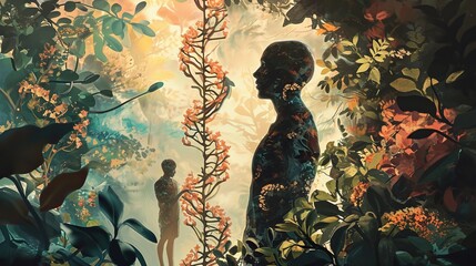 Genetic Memory Evolution, Silhouetted Figures Surrounded by Lush Foliage and DNA Strands, Illustrating Instincts and Knowledge Passed Down Through Generations