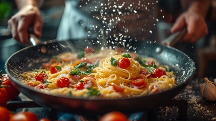 Close-up man cooking healthy pasta for his family in his home kitchen in a small frying pan dish...