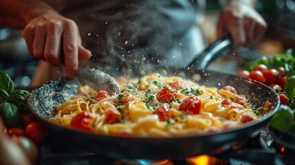 Close-up man cooking healthy pasta for his family in his home kitchen in a small frying pan dish with vegetables on stove