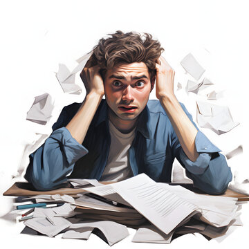 A student's stress during exam preparations isolated on white background, detailed, png
