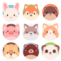 Set of kawaii member icon. Round stickers with cute cartoon dog, bear, leopard, cat, wolf, fox, panda, beaver, pig, rabbit. Baby collection of avatar with puppy. Vector illustration EPS8