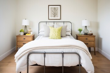 farmhousestyle bedroom with metal accents and crisp linens