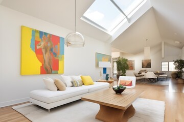 high ceiling living area with asymmetrical skylights and modern art