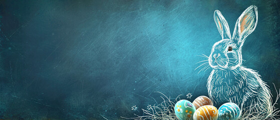 charming drawing Easter bunny rabbit on a blue chalkboard, with Easter eggs. AI generated