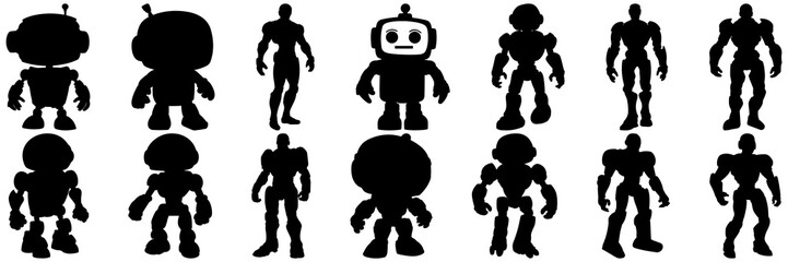 Robot silhouettes set, large pack of vector silhouette design, isolated white background
