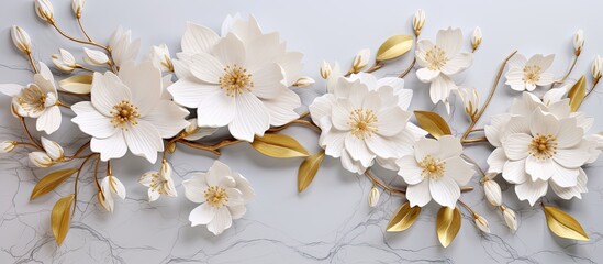 3d wallpaper gold and white flowers on white marbled texture background, in the style of organic sculptures