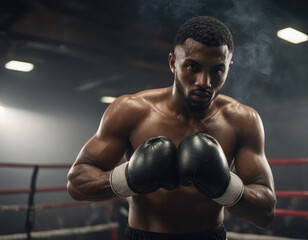 Fototapeta na wymiar Portrait of a black male African American athlete in a gym in bo