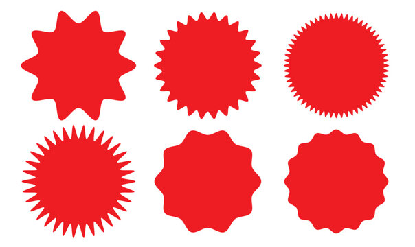 Set of vector starburst, sunburst badges. Red color. Simple flat style Vintage labels. Design elements. Vintage label, sticker. 11:11