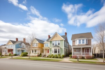 charming gambrel village, row of homes, distinct shingle touches