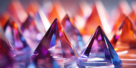 Colourful dimond High definition, two colorful glass pyramid shaped objects sitting on top of water.