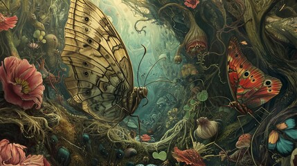 Parallel Metamorphosis: Illustration of Butterflies and Mystical Creatures in an Enchanted Forest