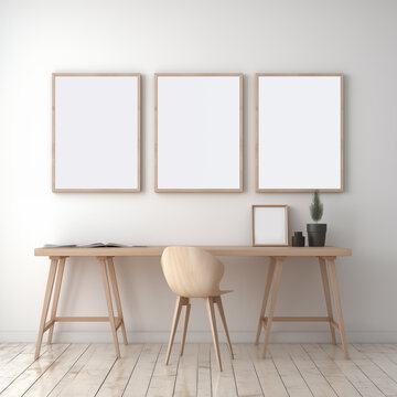 Three empty wall frame mockup in a working room, minimal room with desk and chair, table lamp, indoor plants,