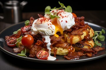 waffles with poached egg, bacon and tomato on a dark background