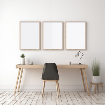 Three empty wall frame mock-up in studying room, minimal room with desk and chair, table lamp, indoor plants,