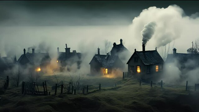 Through the Fog A surreal depiction of countryside homes shrouded in chimney smoke