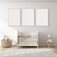 Three empty wall frame hanging on wall mockups in a nursery room, toys and baby bed,