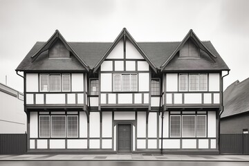 black and white image of a historic tudor building - obrazy, fototapety, plakaty