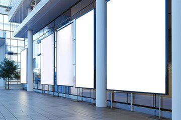 White rectangular Billboards in a modern Office building, Panoramic frame Mockup hanging on office wall. Mock up of a billboard in modern company interior 3D rendering