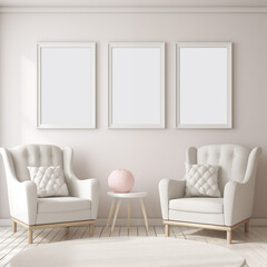 Mockup poster in modern living room with two chairs, minimal room, modern interior,