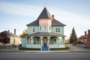 Fototapeta premium victorian house with a rounded turret on a quiet street