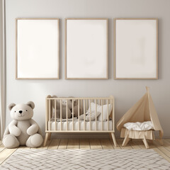 Three empty wall frame mockup in a nursery room with toys