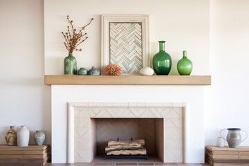 whitewashed fireplace with ceramics