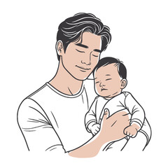 A handsome Asian dad is holding a cute baby in his arms. Parental love and care. Father's Day. Paternity.
Simple line art. contour drawing. Black lines. Vector illustration