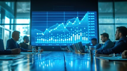 a graph showcasing a steep upward trend in sales, displayed on a large digital screen in a boardroom meeting