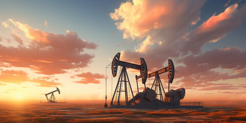 Oil pumps in oilfield at sunset, Oil industry banner. - obrazy, fototapety, plakaty