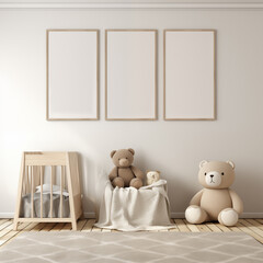 Three empty wall arts hang on wall in a nursery room mockup with a teddy bears and baby cot bed