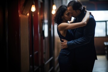 Fototapeta na wymiar tango dancers in close embrace on a dimly lit floor