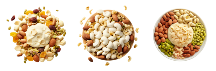 Set of mix dry food top view isolated on a transparent background