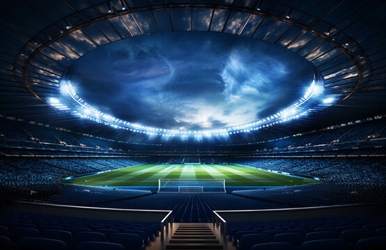 Football stadium at night. An imaginary stadium is modelled and rendered.